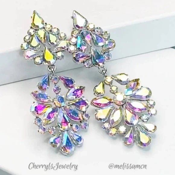 AB Crystal Bridal Pageant Formal Chandelier Earrings Bridal Prom Pageant - Picture 4 of 9